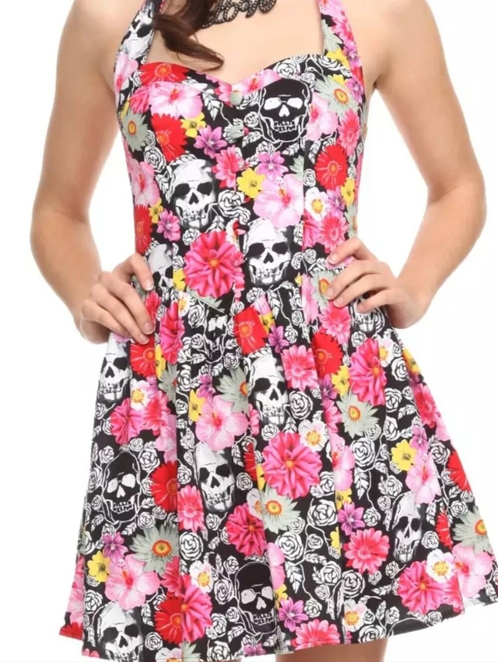 Hell Bunny "Daisy" Floral Skull Halter Dress XS